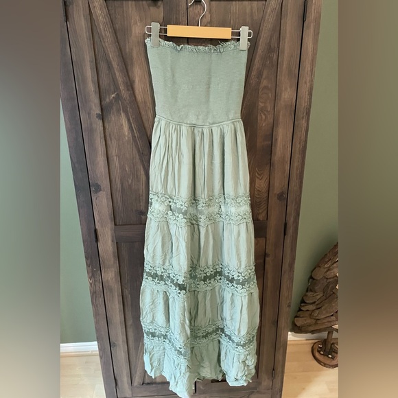 Strapless Sage Green Maxi Dress Lace Detailing - Picture 5 of 7